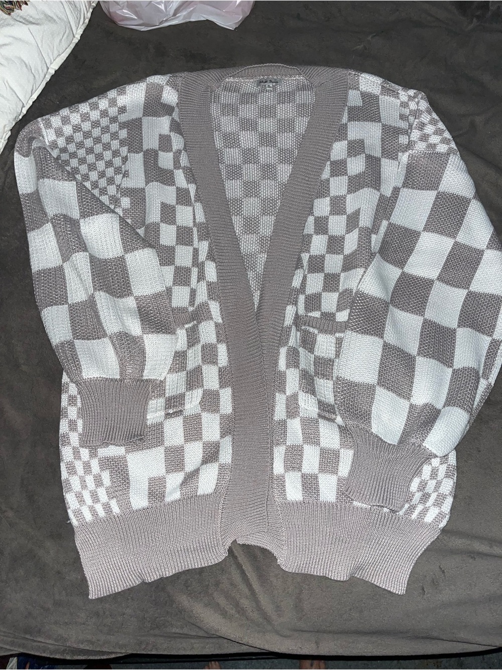 white birch Taupe & White Checkered Open Cardigan